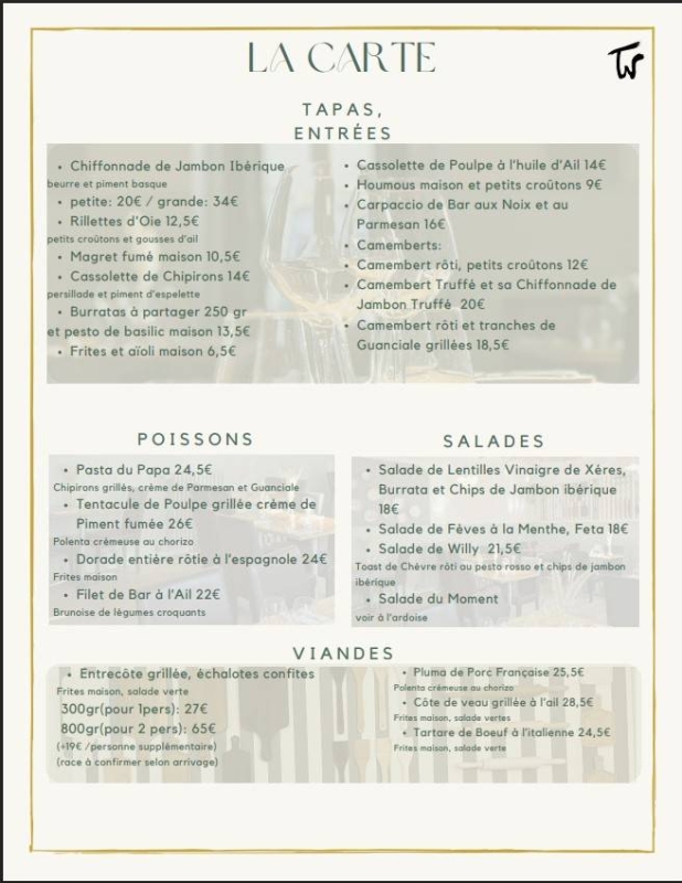 La carte - La Table De Willy - restaurant EYSINES