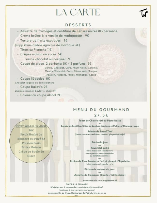 La carte - La Table De Willy - restaurant EYSINES