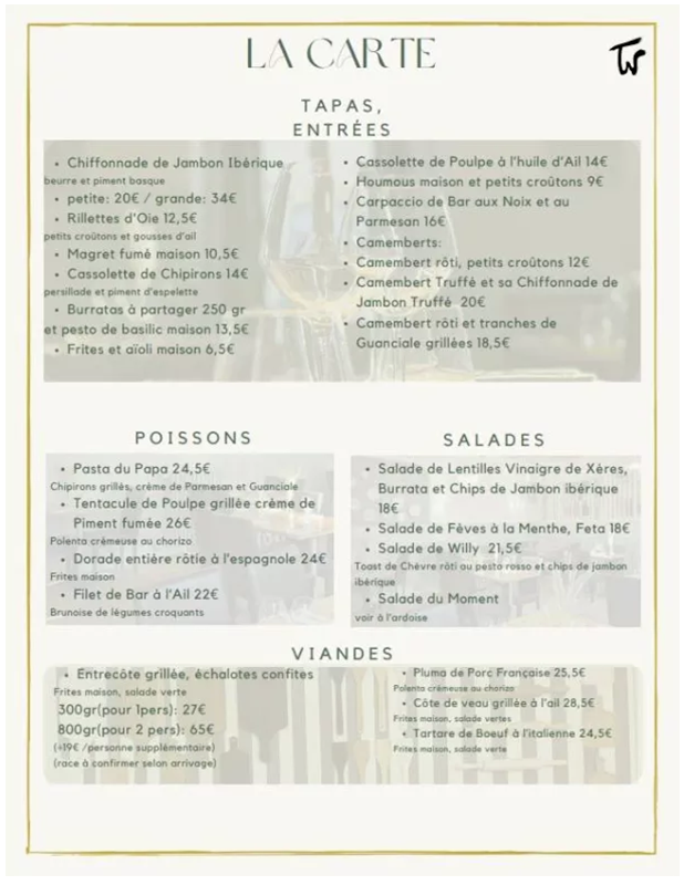 La carte - La Table De Willy - Restaurant Le Taillan Médoc