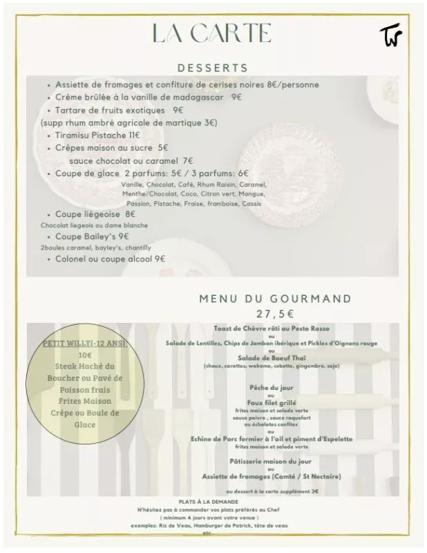 La carte - La Table De Willy - Restaurant Le Taillan Médoc